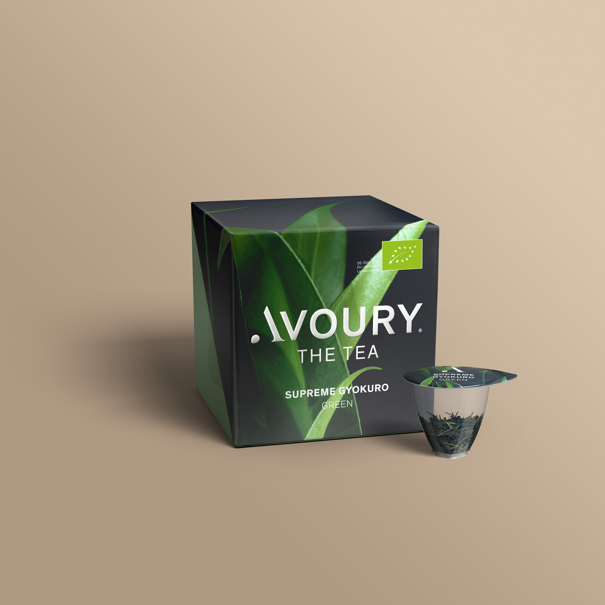 Avoury Supreme Gyokuro Teeverpackung mit Kapsel in 3D-Ansicht